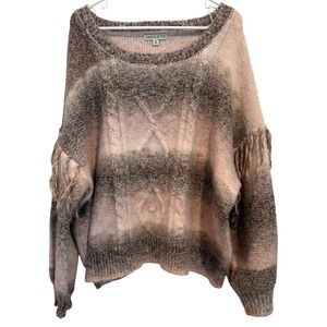 Frye and Co. Womens Sweater 3X Brown Pink Cable Knit Fringe Sleeve Knitwear‎